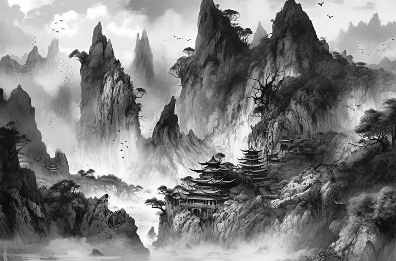 中国风远景建筑山脉水墨画,插画/手绘图,插画/手绘图库,插画/手绘图下载,插画/手绘